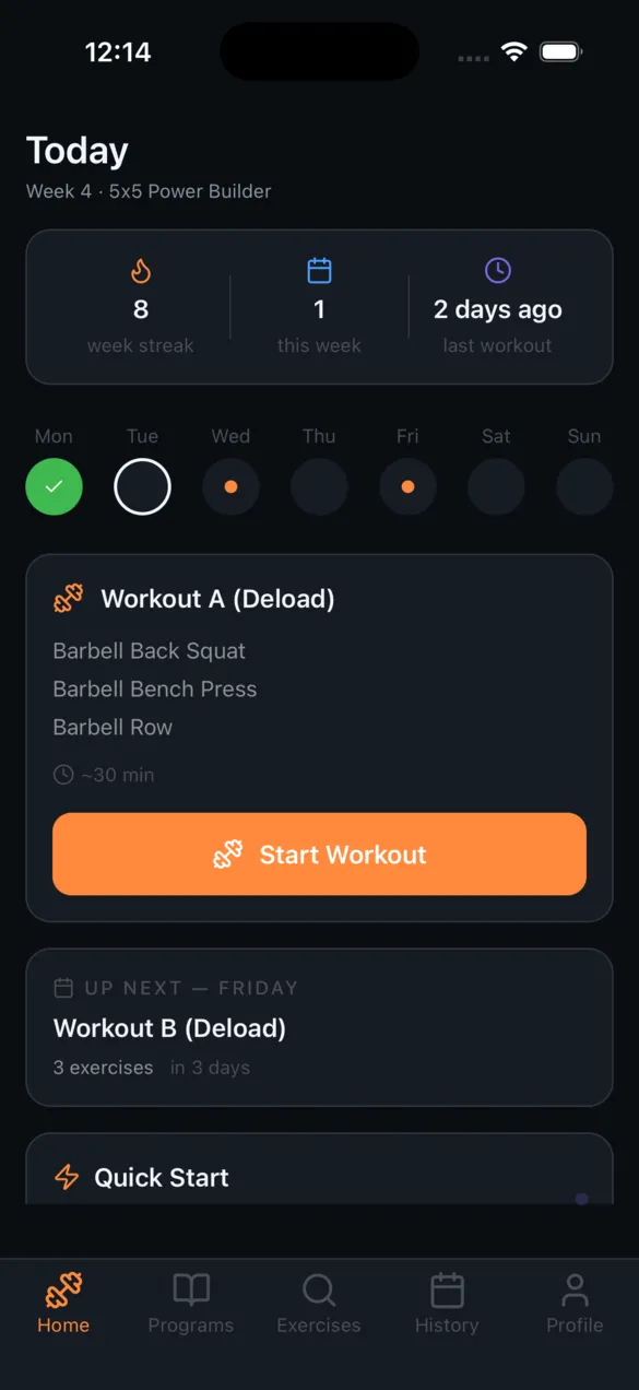 SteelRep app home screen showing workout tracking