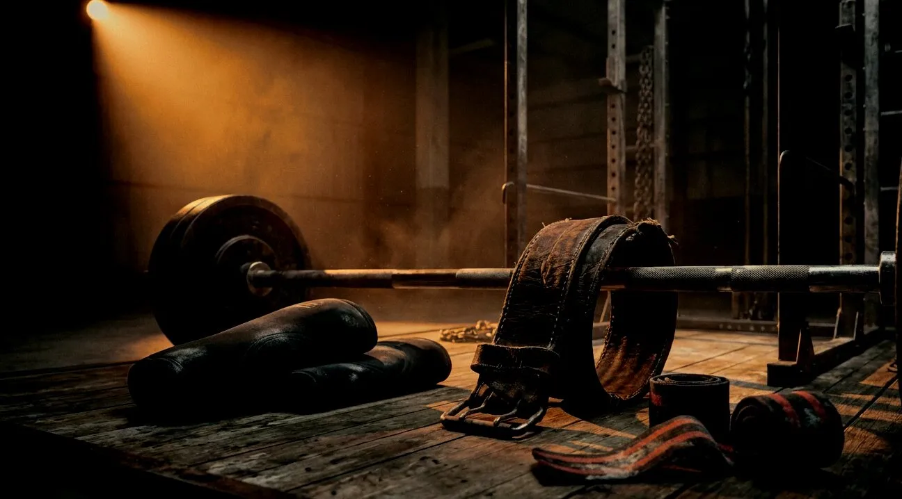 Worn leather lifting belt, knee sleeves, and wrist wraps beside a barbell — decades of training